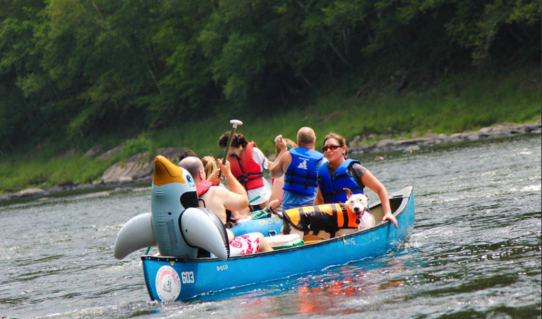 two groups and a dog with life jacket in canoeIndian Head Canoeing Rafting Kayaking Tubing Delaware River