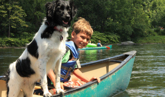 young boy and dog enjoying their canoe ride Indian Head Canoeing Rafting Kayaking Tubing Delaware River