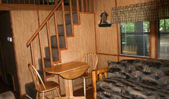 inside of cabin living area and stairs to loft Indian Head Canoeing Rafting Kayaking Tubing Delaware River