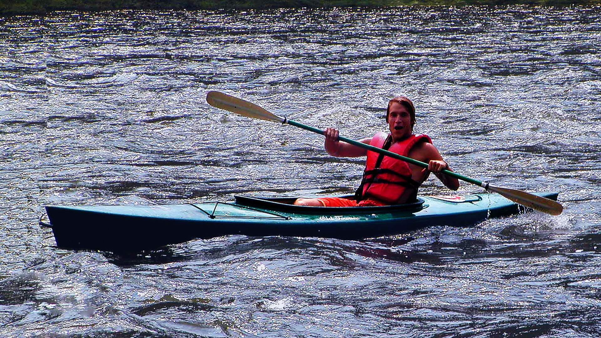excited man in kayak in Dingmans Ferry Indian Head Canoeing Rafting Kayaking Tubing Delaware River
