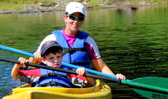 mom and son in kayak on sunny day Indian Head Canoeing Rafting Kayaking Tubing Delaware River